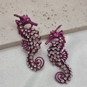 Seahorse Stud Earrings Magneta Rhinestone Beach Summer Sealife | NWOT
